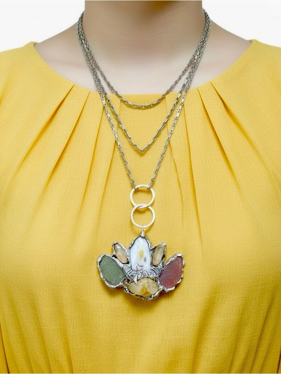 Hand Crafted Jewelry - Citrine Sea Glass & China Pendant Silver Blend Metalwork & VNTG 3 Tier Necklace
